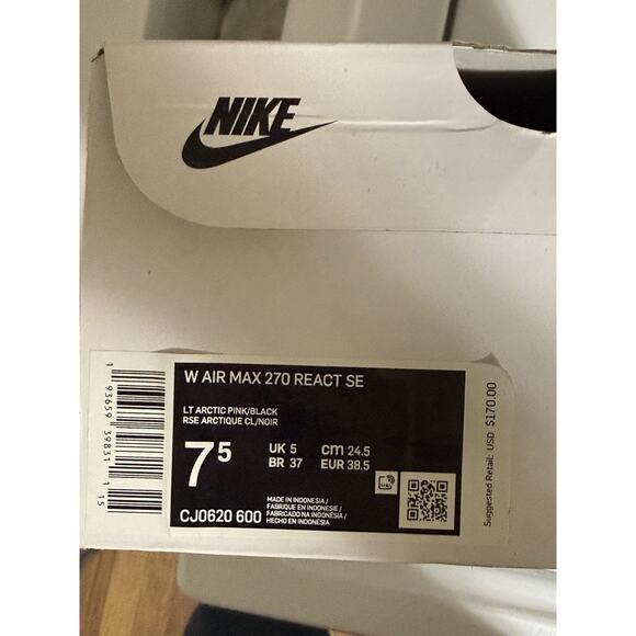 Nike Air Max 270 React SE Arctic Pink Black Women’s Size 7.5 Sneakers CJ0620-600 - Picture 14 of 15